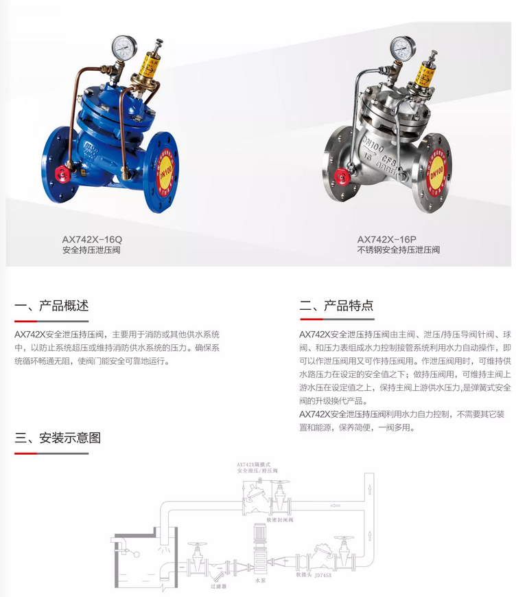 F742X-16Q/16P隔膜式多功能安全閥法蘭消防水持壓泄壓閥組安裝示意圖特點 F742X-16Q/16P隔膜式多功能安全閥法蘭消防水持壓泄壓閥組安裝示意圖特點